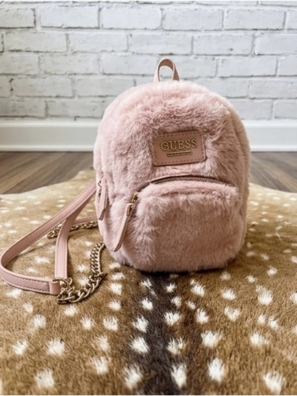 Guess Plush Mini Backpack in Light Pink with Gold Hardware